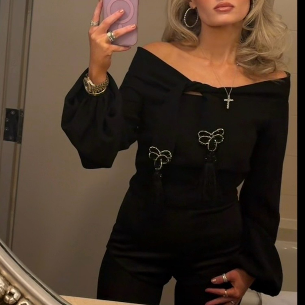 Tarik Ediz Black Off-Shoulder Jumpsuit with Embellishments